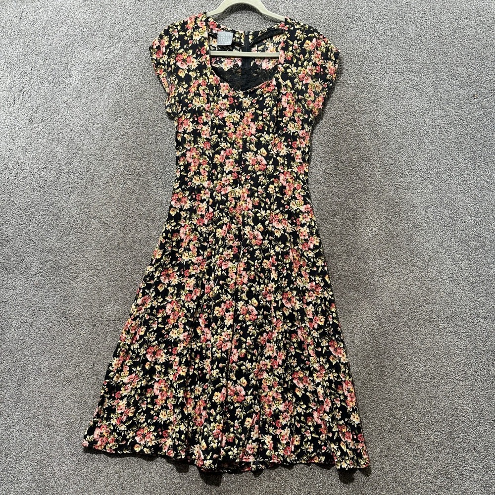 VTG Rabbit Rabbit Designs Midi Dress Small Black Floral‎ Lace Trim Short Sleeve